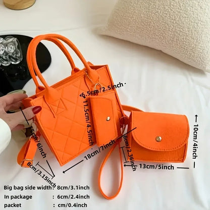 3PCS Embossed Felt Handbag Set Stylish Crossbody Bag, Clutch & Wallet Kit - Orange