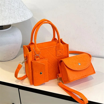 3PCS Embossed Felt Handbag Set Stylish Crossbody Bag, Clutch & Wallet Kit - Orange