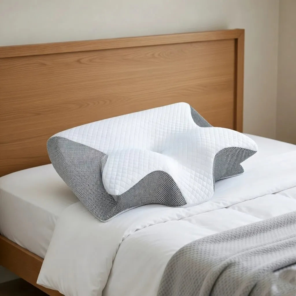 Ergonomic pillow on a bed with wooden headboard