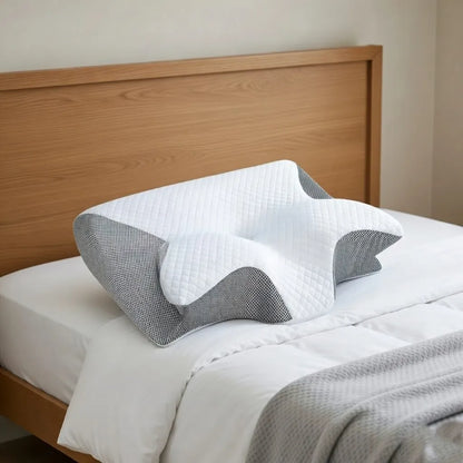 Ergonomic pillow on a bed with wooden headboard