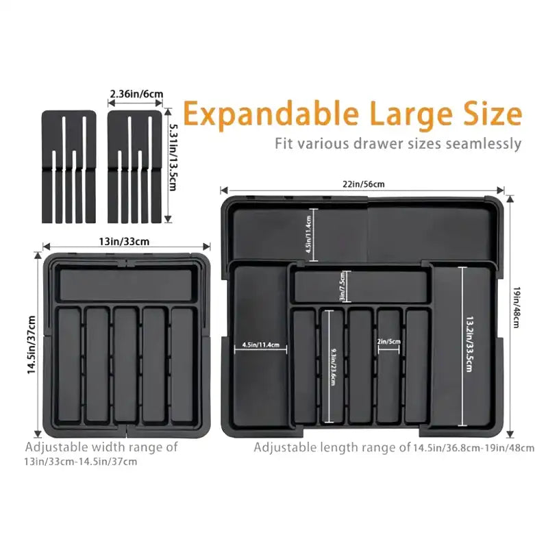 Expandable large size drawer organizer with dimensions and features on a white background