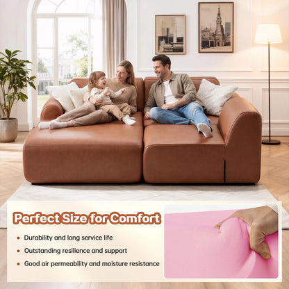 Family sitting on a brown sofa in a living room with text about product features.