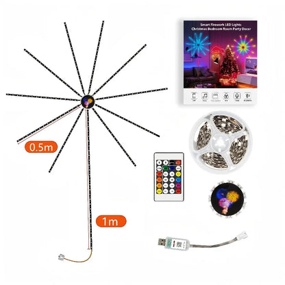 Smart firework LED light set with remote control, USB cable, and packaging on a white background