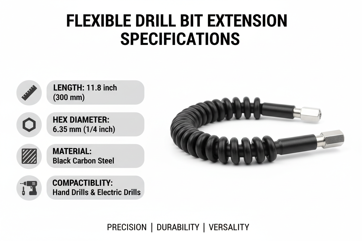 Specifications chart for flexible drill bit extension showing length, hex diameter, material, and drill compatibility