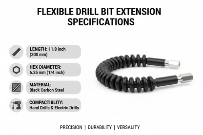 Specifications chart for flexible drill bit extension showing length, hex diameter, material, and drill compatibility