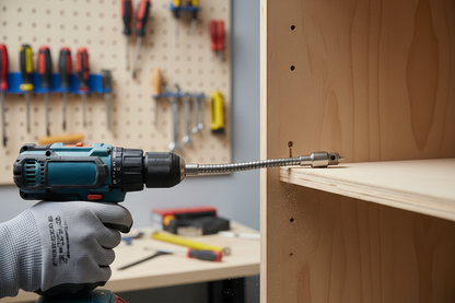 Flexible drill bit extension bending around a corner to drive a screw inside a tight cabinet space