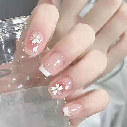 24pcs Spring Flower & Butterfly Press-On Nails Short Square French Tips - Ninjanew