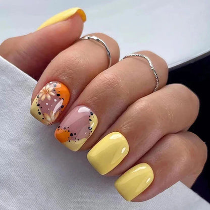 24pcs Spring Flower & Butterfly Press-On Nails Short Square French Tips - Ninjanew