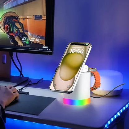 Foldable 3-in-1 MagSafe Wireless Charger RGB Travel Dock for iPhone & Watch - 
