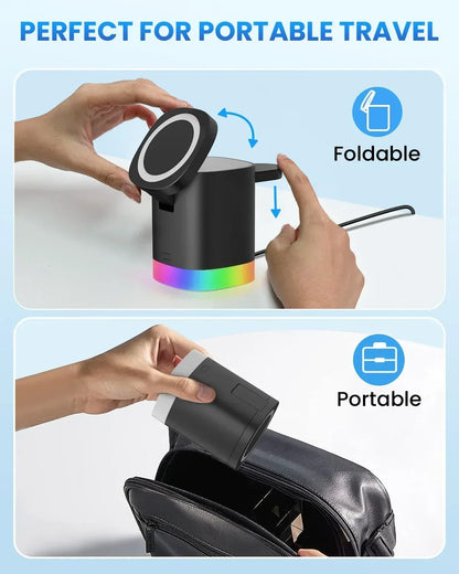 Foldable 3-in-1 MagSafe Wireless Charger RGB Travel Dock for iPhone & Watch - 