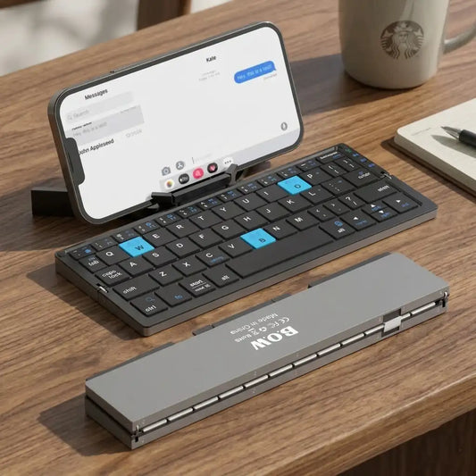 Foldable keyboard on a desk with a smartphone displaying a messaging app.