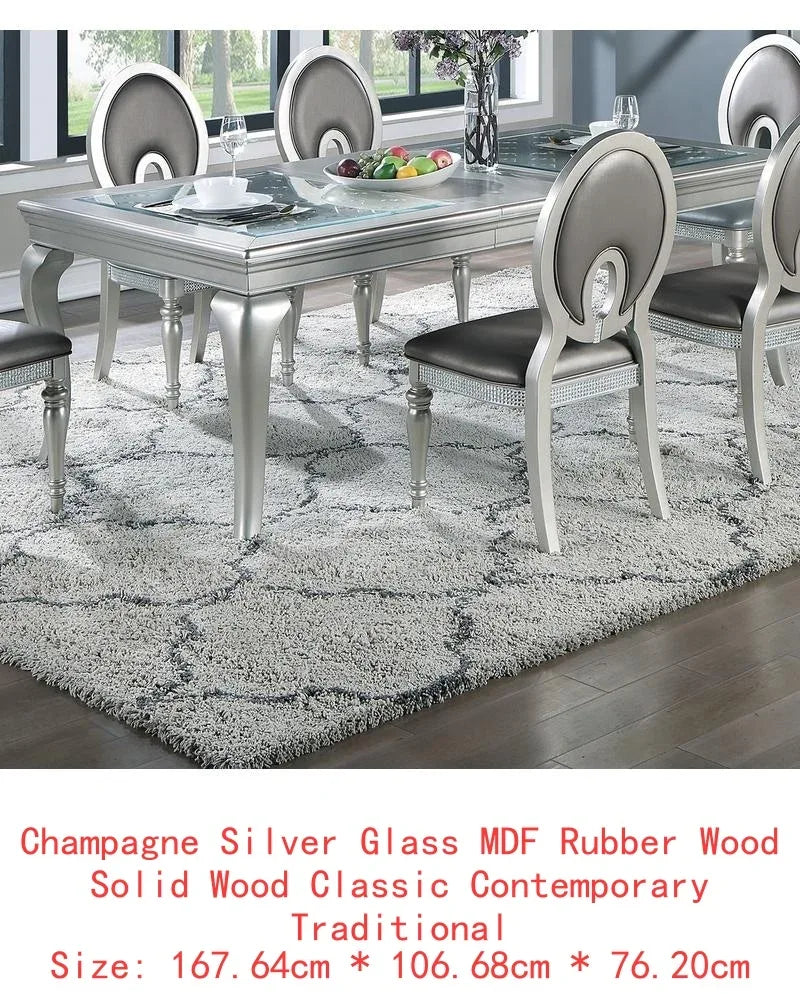 7-Piece Formal Glass Dining Set Silver Hue Table & 6 Tufted Side Chairs - Item Type 3