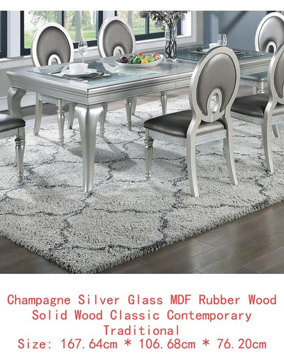 7-Piece Formal Glass Dining Set Silver Hue Table & 6 Tufted Side Chairs - Item Type 3