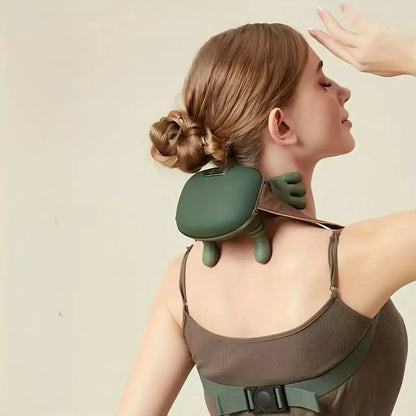 Woman using a green neck and shoulder massager against a beige background