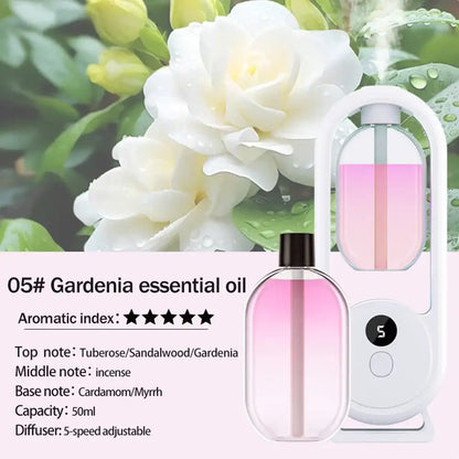 Gardenia essential oil diffuser with flowers in the background