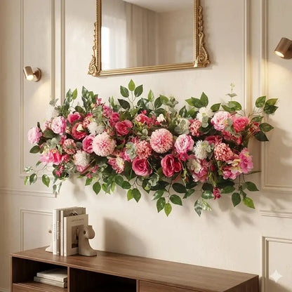 Floral arrangement on a wall above a wooden console table with a mirror and light fixture in the background.