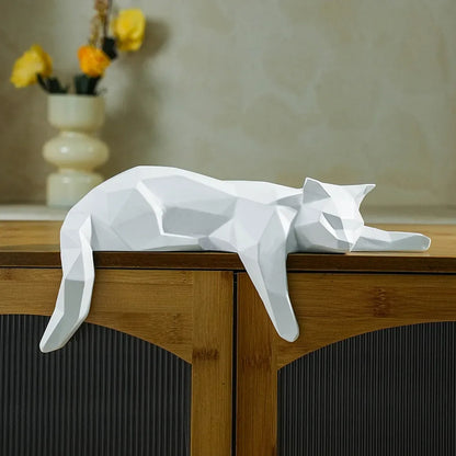 Geometric Cat Sculpture – Modern Minimalist Resin Accent - White