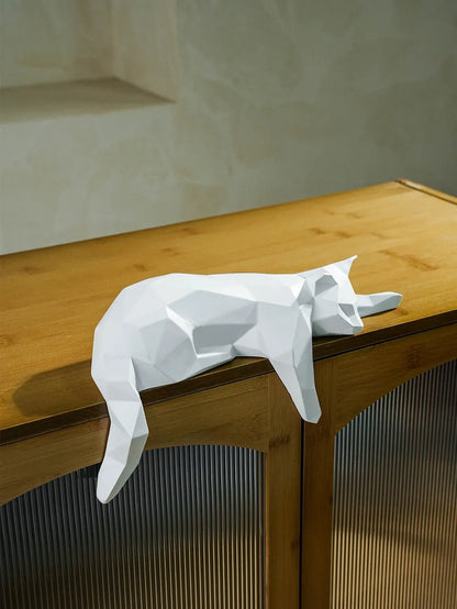 Geometric Cat Sculpture – Modern Minimalist Resin Accent - White