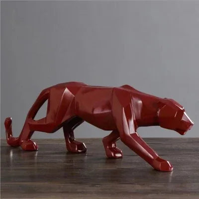 Geometric Panther Sculpture – Modern Abstract Resin Accent - 17 inch / Red