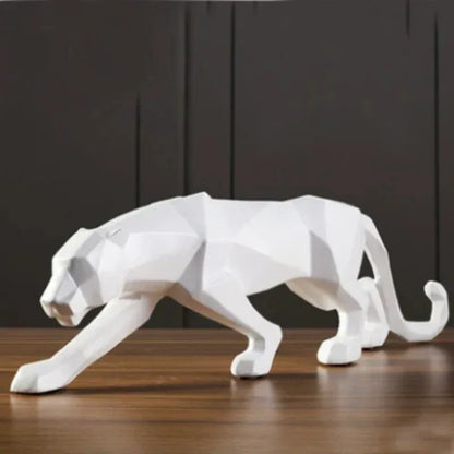 Geometric Panther Sculpture – Modern Abstract Resin Accent - 17 inch / White