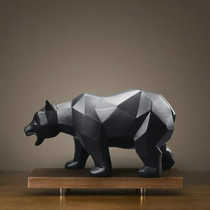 Geometric bear sculpture on a wooden platform against a brown background