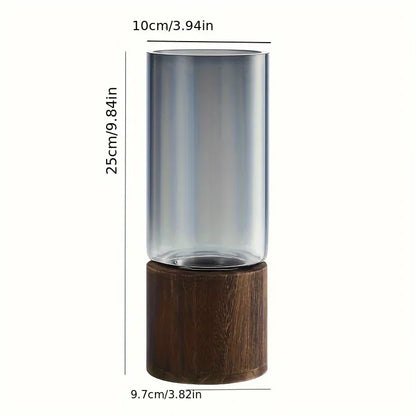 Glass candle holder with wooden base and dimensions on a white background