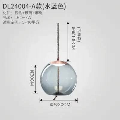 Glass pendant light with dimensions and specifications on a white background