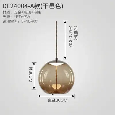Glass pendant light with dimensions and specifications on a white background
