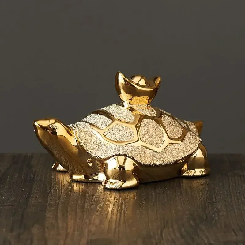 Gold-Plated Ceramic Fortune Turtle Lucky Money Figurine for Home & Office - Style A