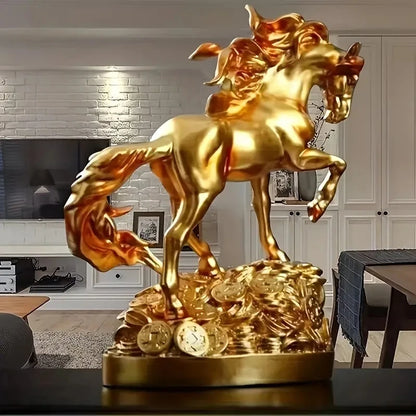 Gold horse statue on coins in a living room setting