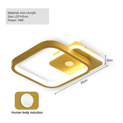 Gold ceiling light fixture with dimensions and material details on a white background