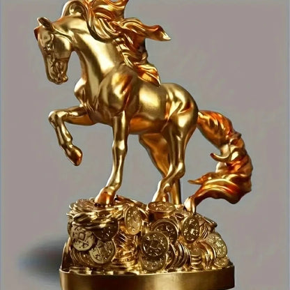 Gold horse statue on a pedestal with coins