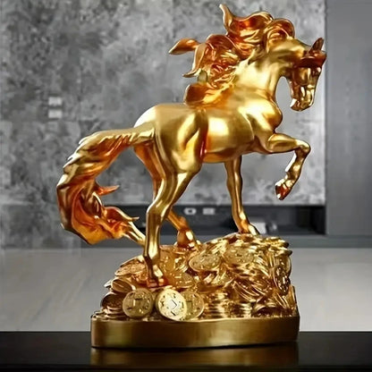 Gold horse statue on a base with coins against a gray background