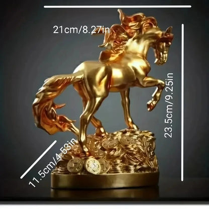 Gold horse statue with measurements on a dark background