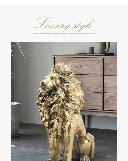 Gold lion statue in a room with wooden furniture and decorative items.