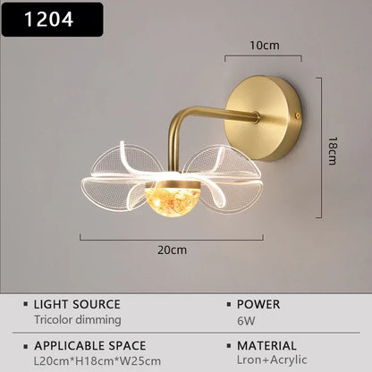 Gold wall lamp with dimensions and specifications on a gray background