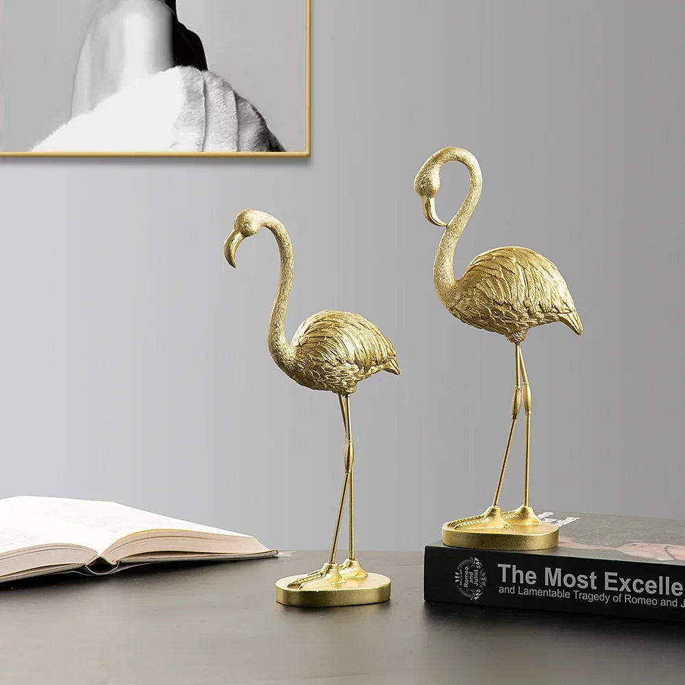 Golden Flamingo Resin Figurine Luxury Handmade Tabletop Sculpture Decor - Golden Heads Up