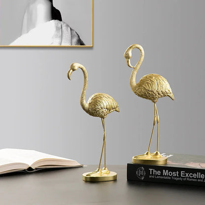 Golden Flamingo Resin Figurine Luxury Handmade Tabletop Sculpture Decor - Golden Heads Up