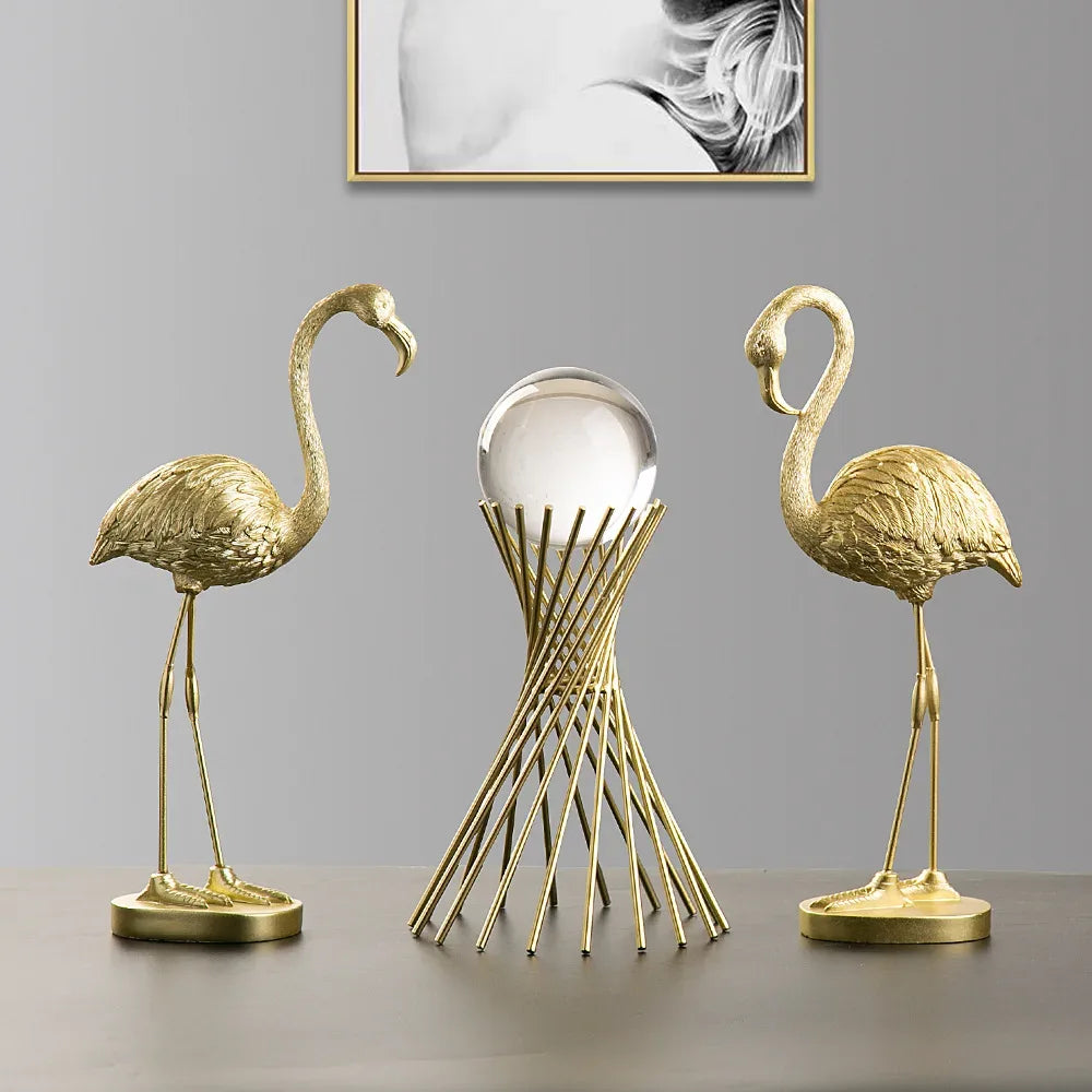 Golden Flamingo Resin Figurine Luxury Handmade Tabletop Sculpture Decor - Golden Heads Up