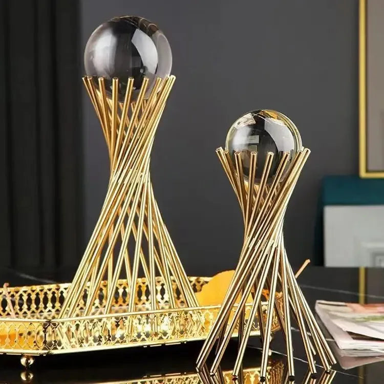 Golden Geometric Crystal Ball Statue Handmade Iron Desk Sculpture Decor - 
