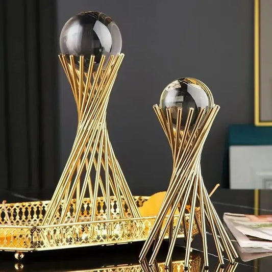 Golden Geometric Crystal Ball Statue Handmade Iron Desk Sculpture Decor - 