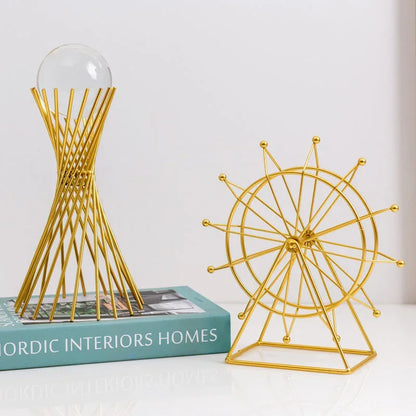 Golden Geometric Crystal Ball Statue Handmade Iron Desk Sculpture Decor - 