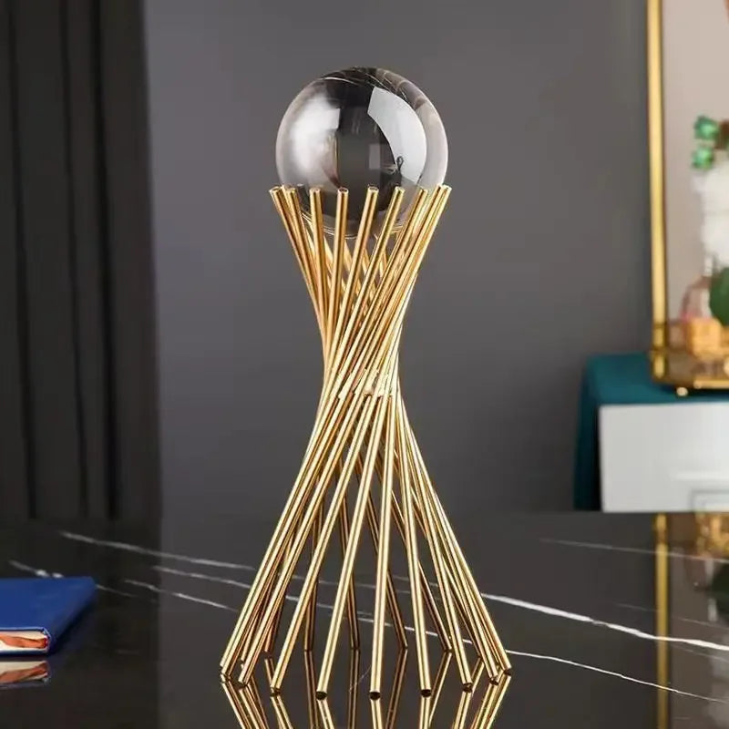 Golden Geometric Crystal Ball Statue Handmade Iron Desk Sculpture Decor - 