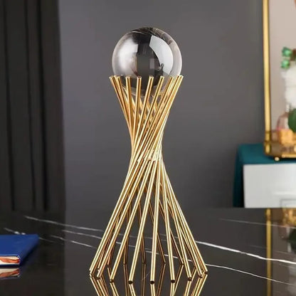 Golden Geometric Crystal Ball Statue Handmade Iron Desk Sculpture Decor - 