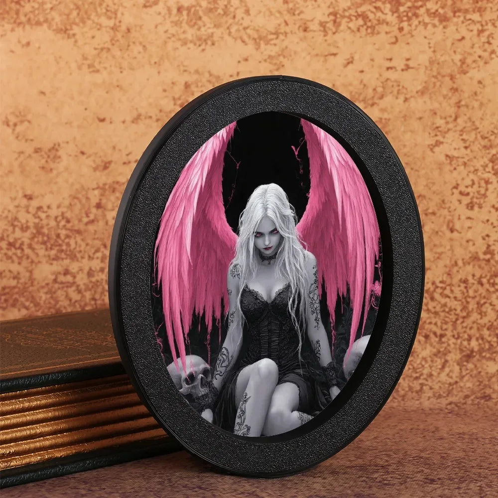 Gothic Oval Angel & Skull Ornament Dark-Style Tattoo Art Decor Piece - 