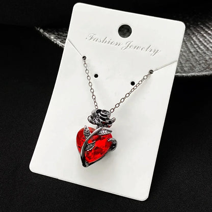 Gothic Rose Red Heart Necklace Grunge Human Heart Pendant Jewelry - 