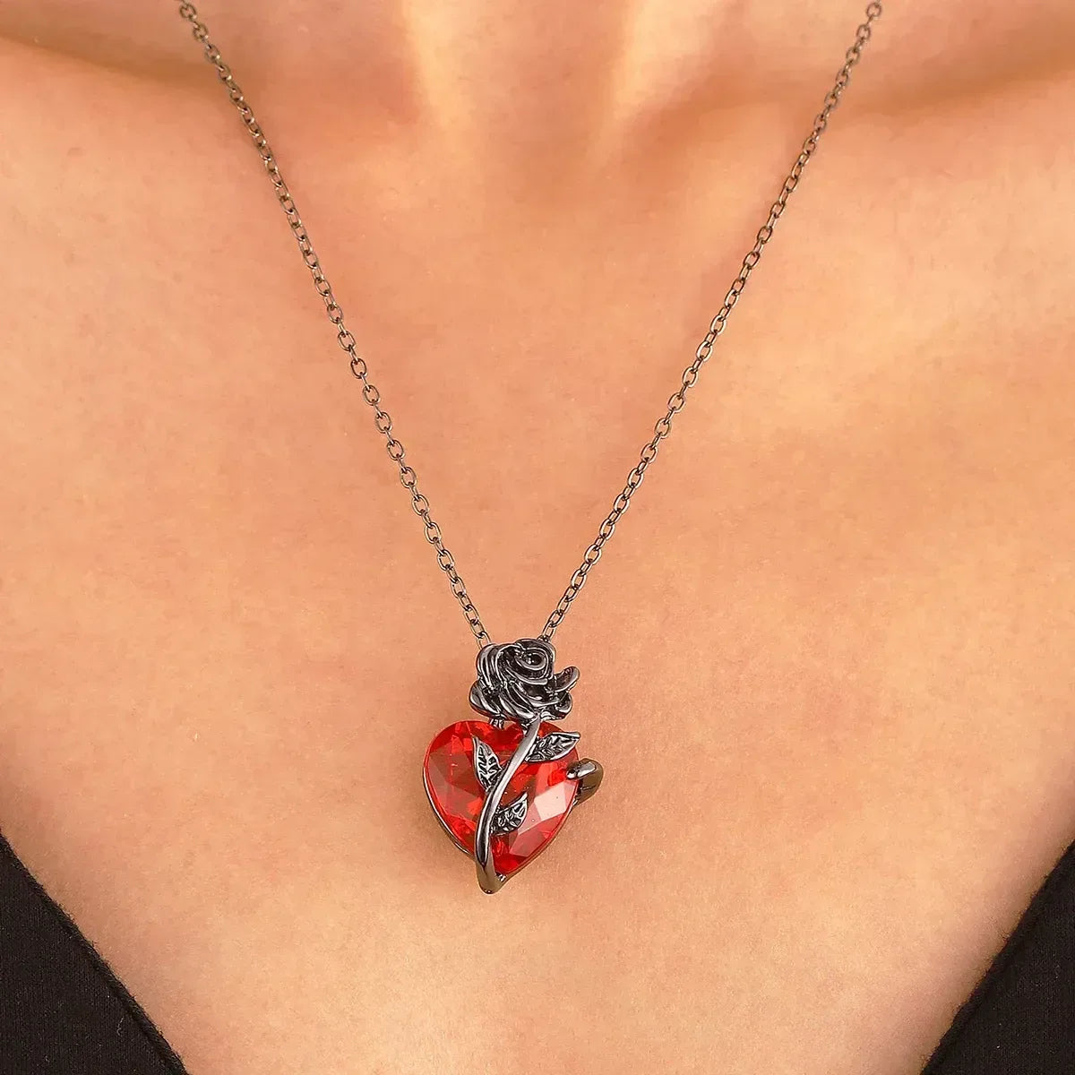 Gothic Rose Red Heart Necklace Grunge Human Heart Pendant Jewelry - 