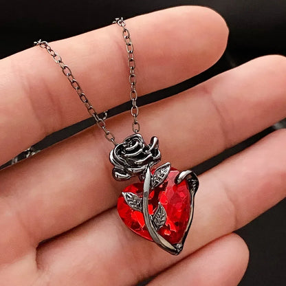 Gothic Rose Red Heart Necklace Grunge Human Heart Pendant Jewelry - 