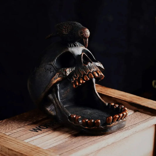 Gothic Skull Crow Ashtray – Vintage Resin Skull Desk Organizer & Decor - 