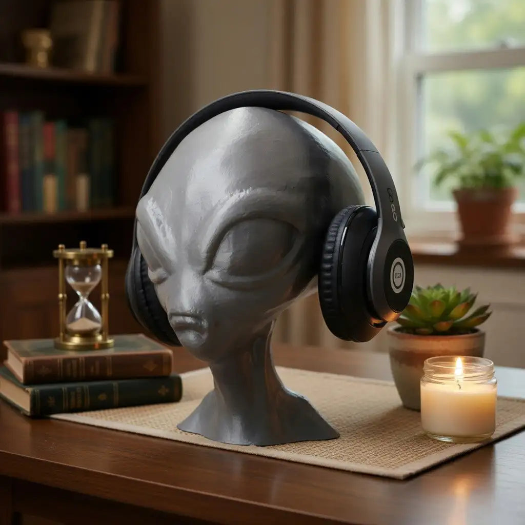 Gray alien head with black headphones on a wooden table with books, candle, and plants in the background.